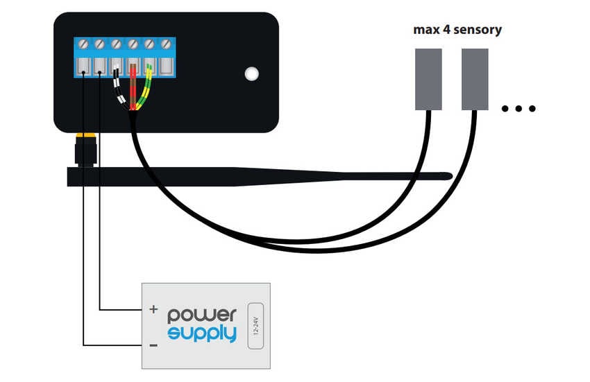 Koblingsskjema for WiFi-temperatursensor med terminaler for opptil fire sonder