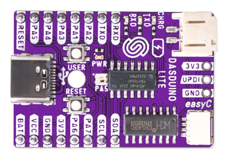 Kompakt ATtiny1604-utviklingskort med USB-C sett ovenfra