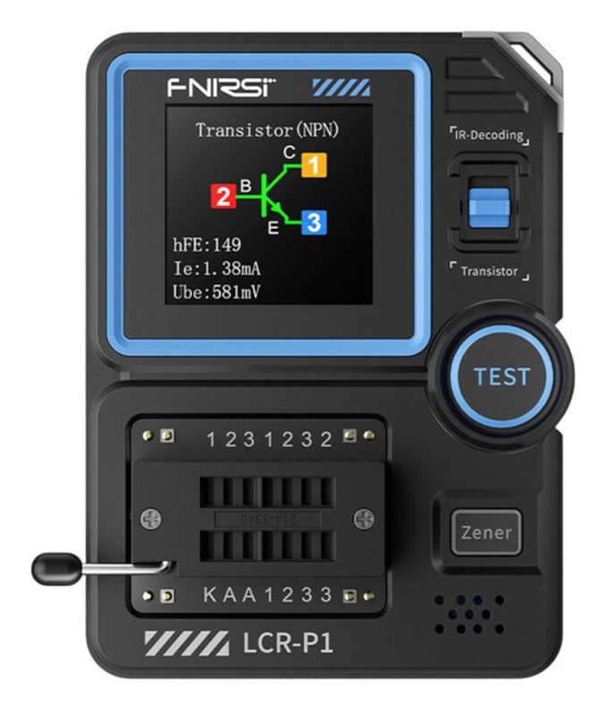 Komponenttester med skjermvisning for NPN-transistor og måleverdier