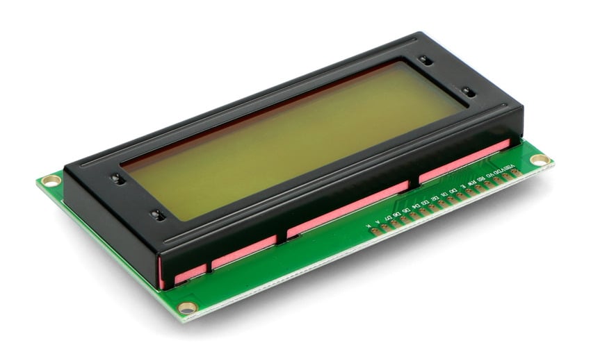LCD-modul med gr&oslash;nn bakbelysning og tilkoblingspinner langs kanten