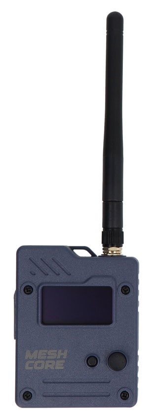 LoRa MeshCore-node sett forfra med antenne, OLED-skjerm og knapper