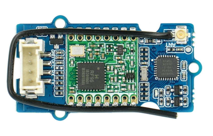 LoRa-radiomodul sett ovenfra med kretskort og u.FL-antennetilkobling