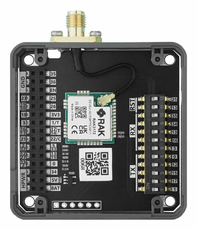 LoRaWAN-modul med radiokort, GPIO-pinner og DIP-brytere