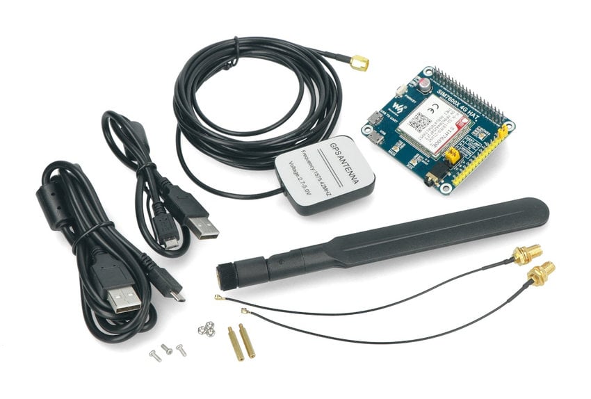 LTE/GPRS/GPS HAT med antenner, USB-kabler og monteringsdeler