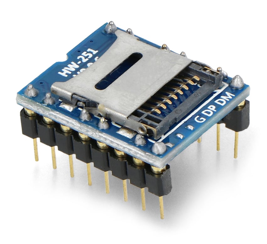 Lydavspillermodul med microSD-kortspor og påmonterte stiftlister i perspektiv