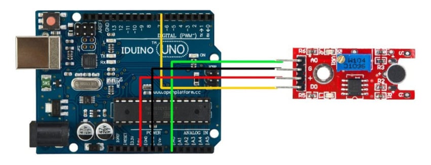 Lydsensormodul koblet til et Arduino-kort for digital signalinngang