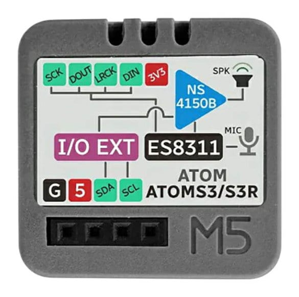 M5 Atom-lydmodul med merkede lyd- og I/O-tilkoblinger