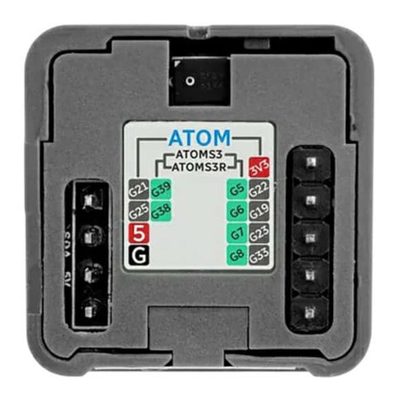 M5 Atom-lydmodul sett ovenfra med kontaktpunkter og stiftrekker
