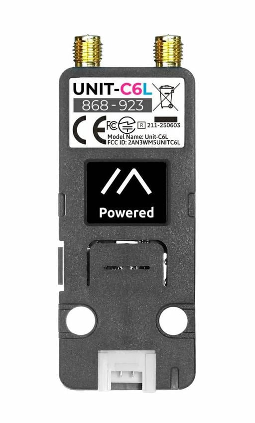 M5Stack Unit C6L LoRa-modul forfra med to SMA-kontakter