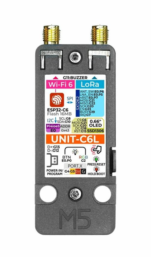 M5Stack Unit C6L LoRa-modul fra baksiden med trådløs merking