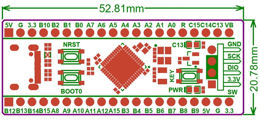 Måltegning for BlackPill v3.1 med kortmål og merkede I/O-pinner