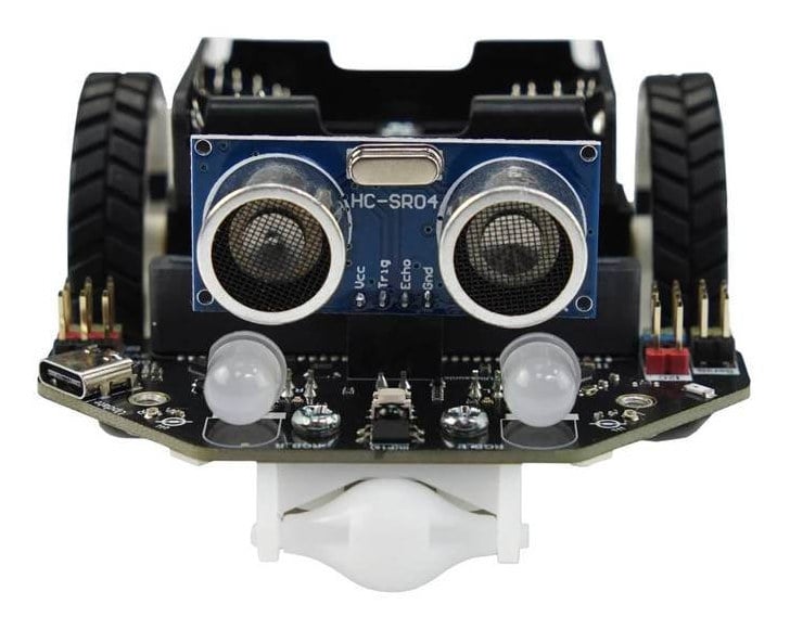 Maqueen Lite V5-robot forfra med ultralydsensor og frontlys