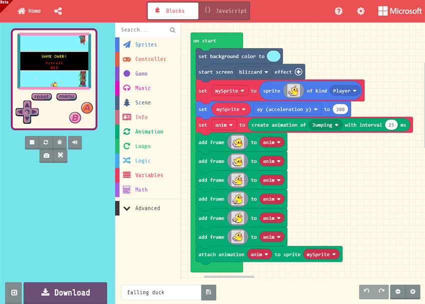 Meowbit-spill programmeres i det blokkbaserte MakeCode-grensesnittet