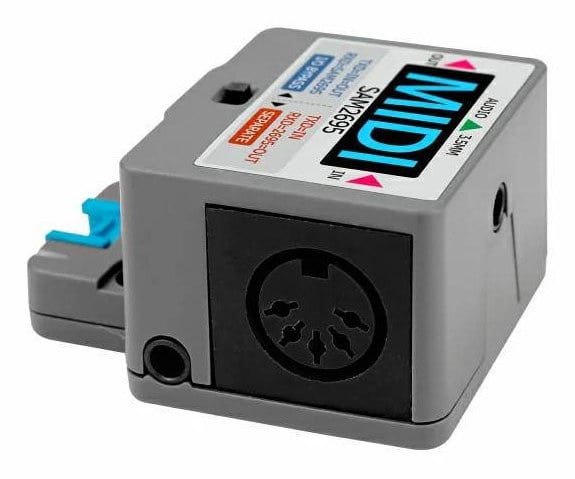 MIDI-modul i skr&aring; vinkel med fempolet DIN-port og 3,5 mm kontakt