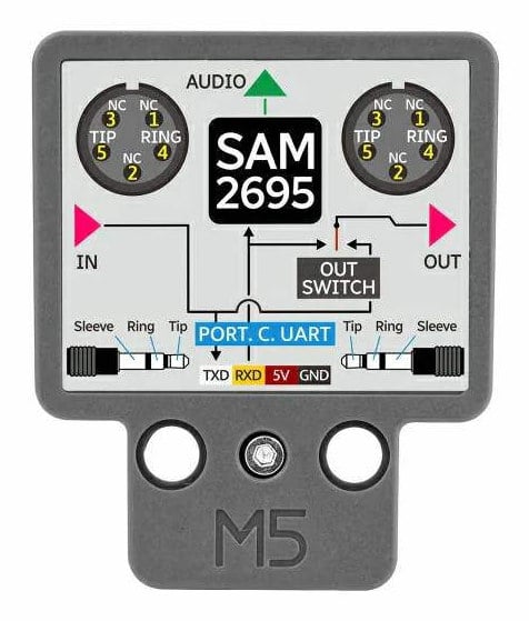 MIDI-modul med merkede tilkoblinger, modusbryter og UART-port