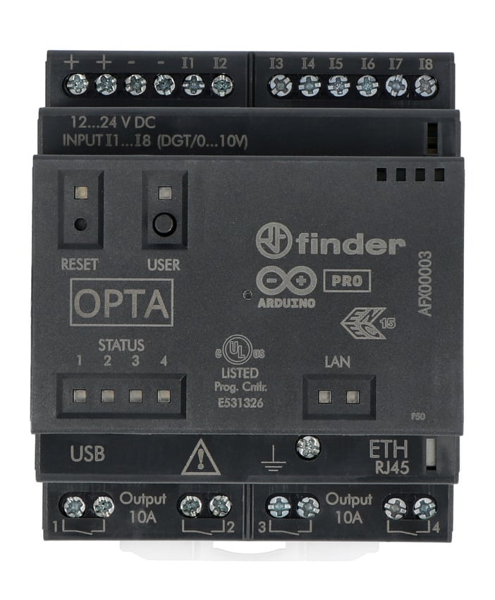 Opta Lite mikro-PLC forfra med statusindikatorer og terminaltilkoblinger