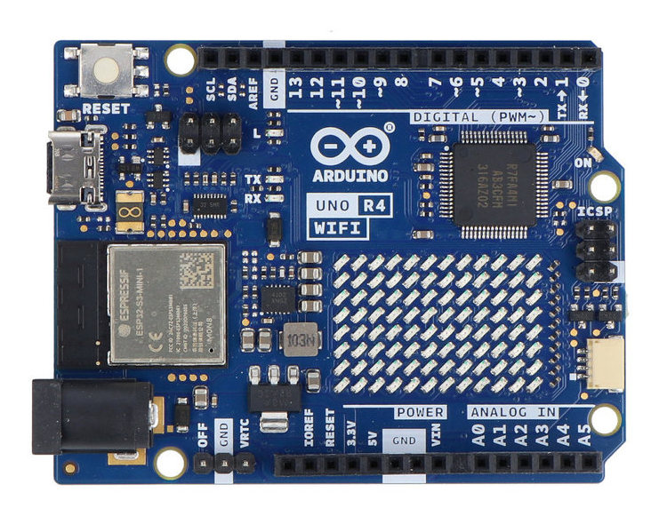 Oversiden av Arduino Uno R4 WiFi-kortet med kontakter og pinner