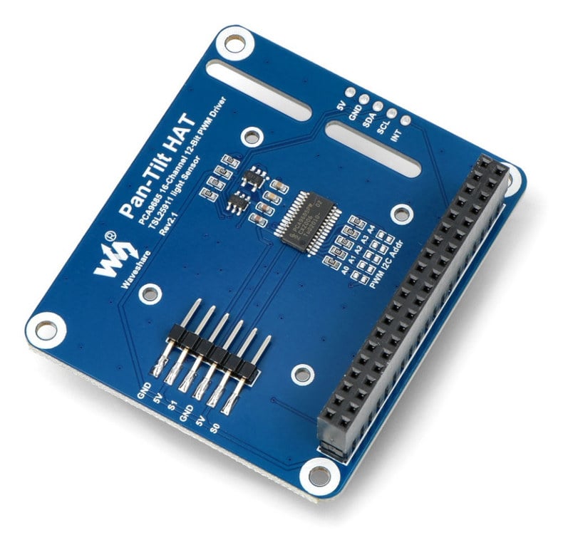 Pan-Tilt HAT ovenfra med GPIO-kontakt og tilkoblingspinner