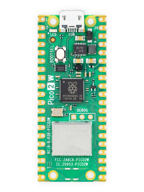 Pico 2 W-mikrokontrollerkort sett rett ovenfra med GPIO-kontaktpunkter