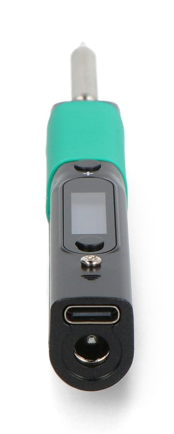 Pinecil V2 sett ovenfra med OLED-skjerm, USB-C-port og kontrollknapp