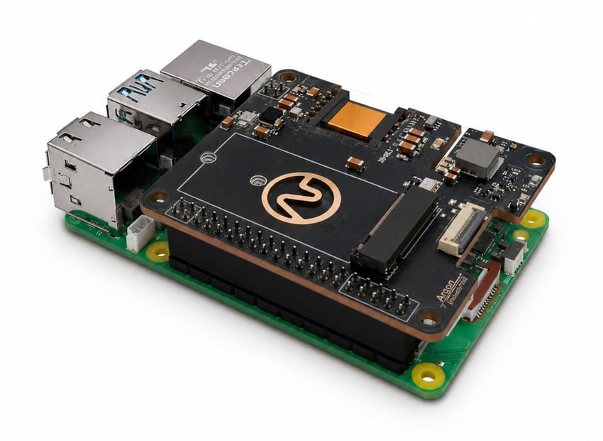 PoE+ HAT montert på et Raspberry Pi 5-kort