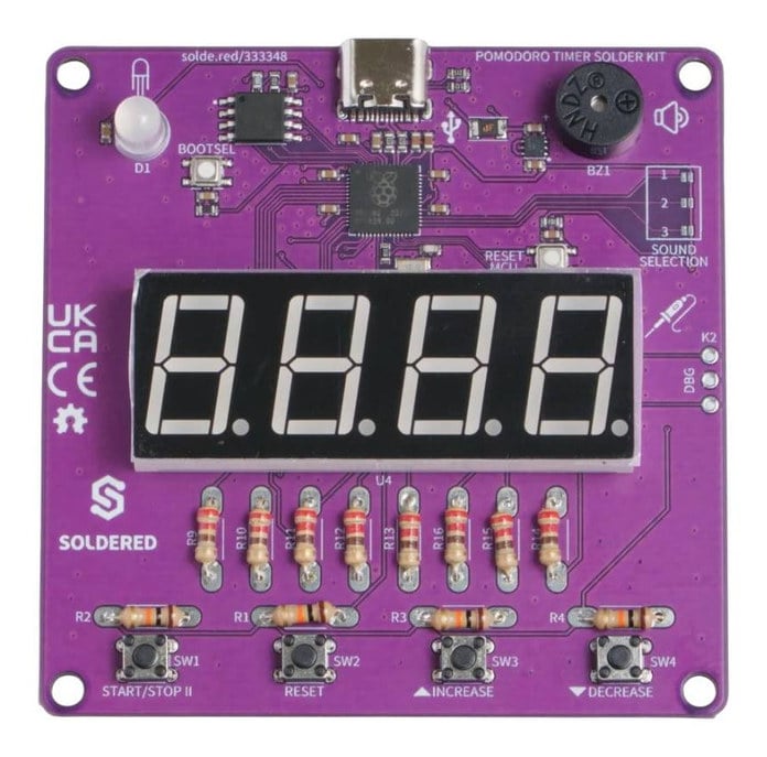 Pomodoro-timer som loddesett sett ovenfra med display, summer og fire knapper