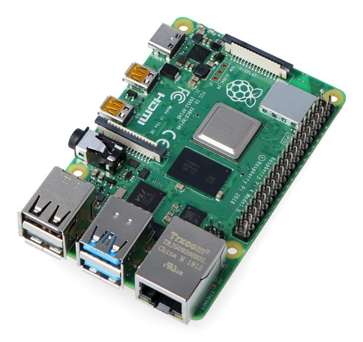 Raspberry Pi 4B-hovedkort med GPIO, USB, micro-HDMI og Ethernet