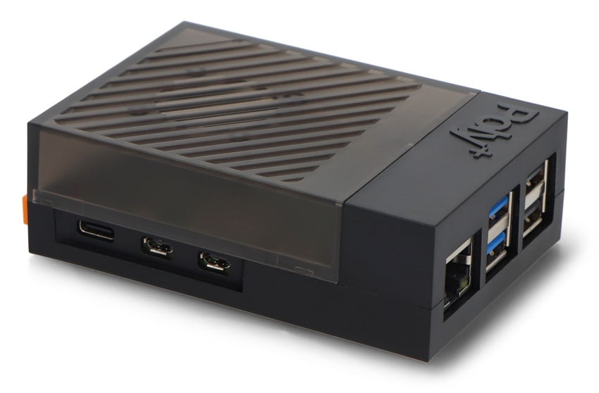 Raspberry Pi 5-kabinett med ventilert topplokk og åpninger for HDMI og USB