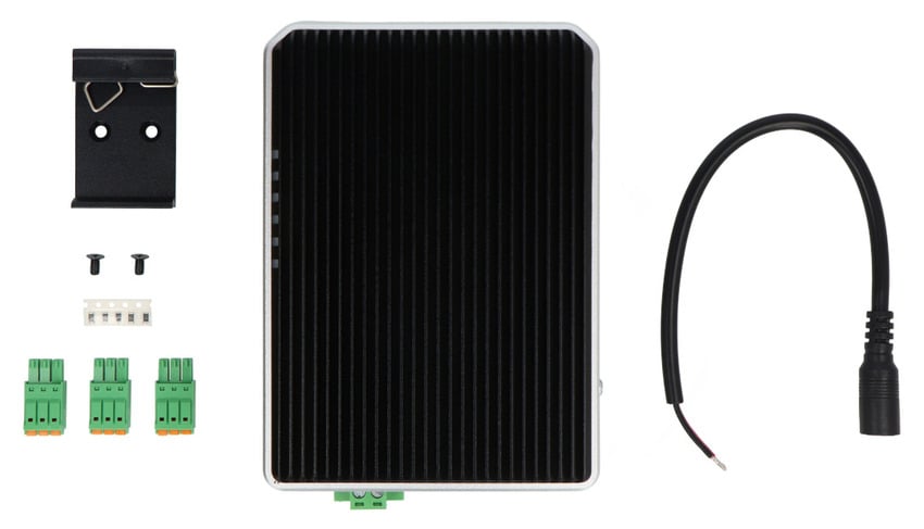 reComputer R1035-10 med DIN-skinnebrakett, kabel og klemkontakter