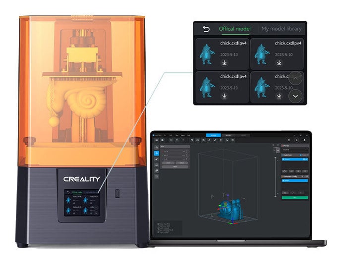 Resinbasert 3D-skriver sammen med programvare for modellforberedelse