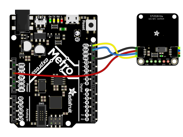 RFID-modul koblet til et Metro-kort med ledninger for I2C-tilkobling