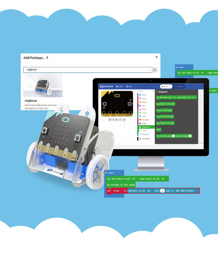 Ring:Bit Car V2 ved en dataskjerm med grafisk blokkprogrammering