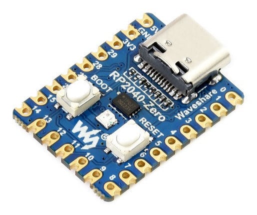 RP2040-Zero mikrokontrollerkort med USB-C og BOOT- og RESET-knapper