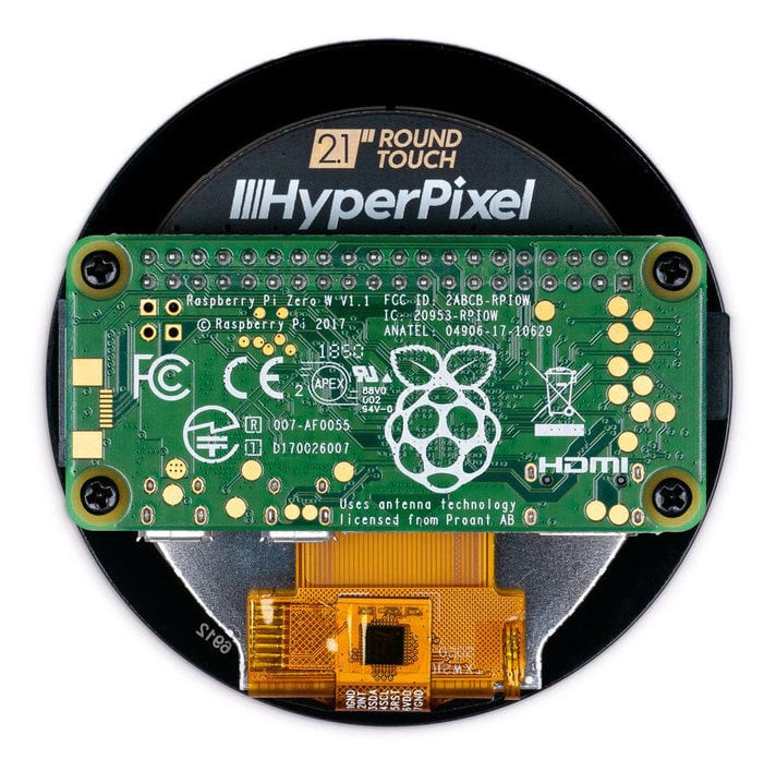 Rund IPS-berøringsskjerm koblet til et Raspberry Pi-kretskort på baksiden
