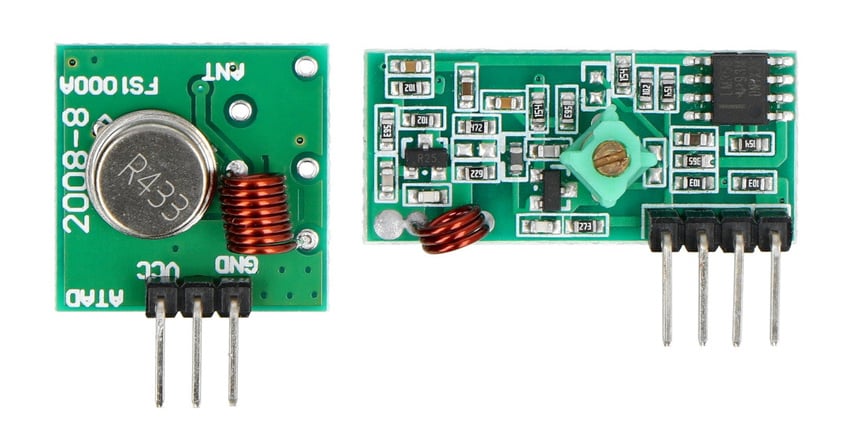 Sender- og mottakermodul i 433MHz-radiosettet sett forfra med pinner