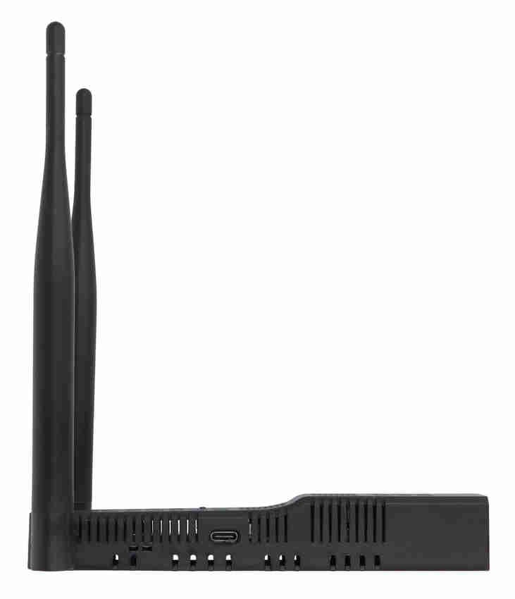 SLZB-MR1-gateway sett fra siden med to monterte antenner