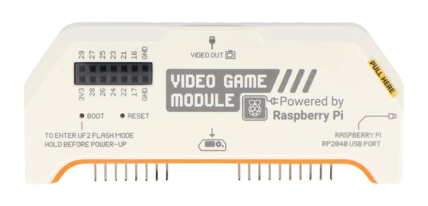 Spillmodul med oversikt over HDMI, GPIO og RP2040