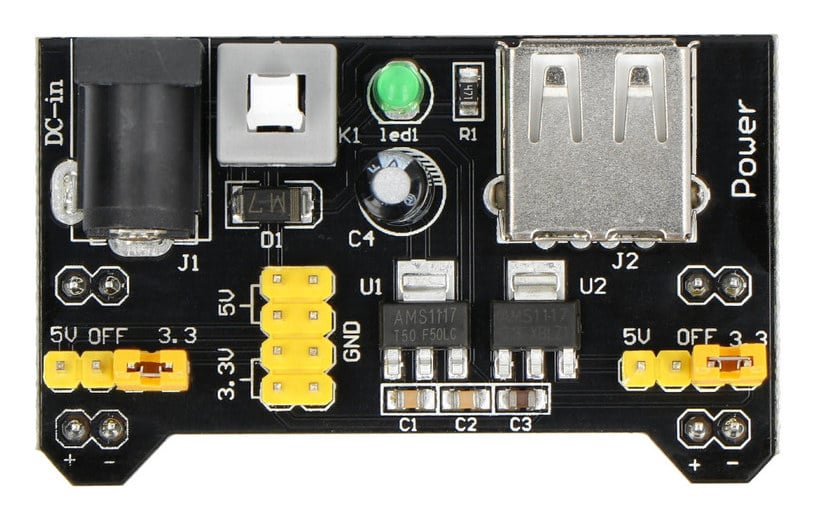 Strømmodul for koblingsbrett med USB-A-utgang, DC-inngang og spenningsvalg