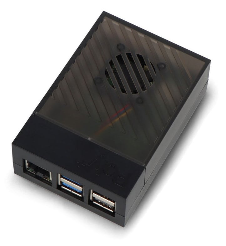 Svart Raspberry Pi 5-kabinett i ABS med 30 mm-vifte og åpninger for tilkoblinger