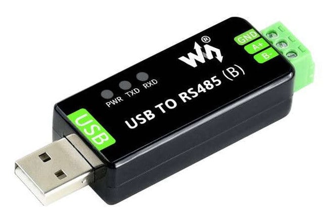 Tilkoblinger for USB, GND, A+ og B- p&aring; USB-til-RS485-konverteren