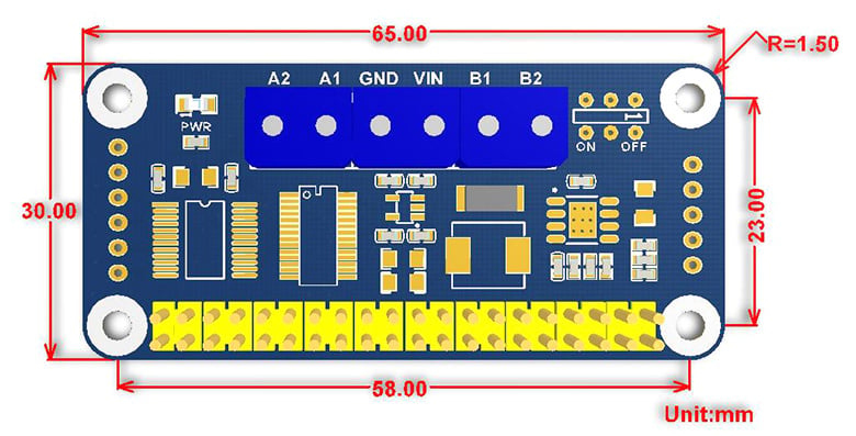 Tokanals DC-motorstyring med I2C og måltegning på 65 × 30 mm
