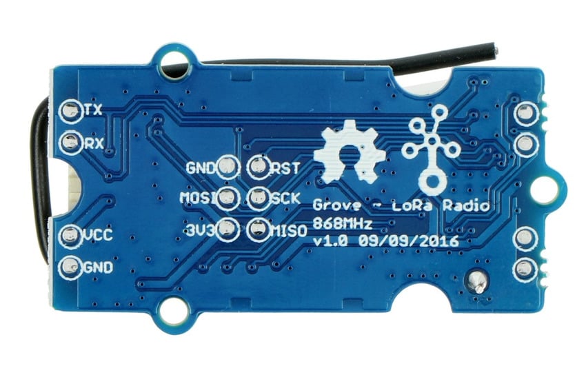 Undersiden av LoRa-radiomodulen med merkede UART- og Grove-tilkoblinger