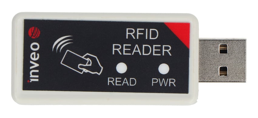 USB-RFID-leser sett forfra med READ- og PWR-indikatorer