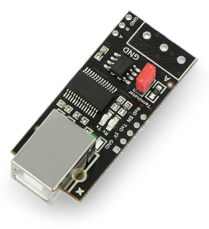 USB til RS-485-omformer i vinklet visning med USB-B-kontakt
