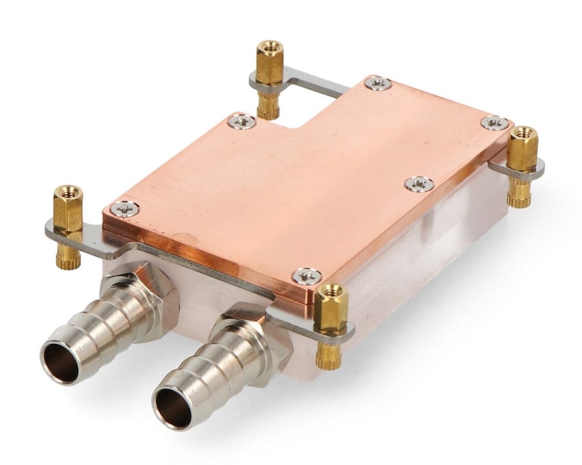 Vannblokk for Raspberry Pi 5 med kobberfarget plate og monteringsbraketter