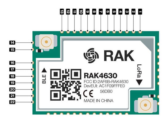 WisBlock LPWAN-modul med nummererte kontaktpunkter rundt kretskortet