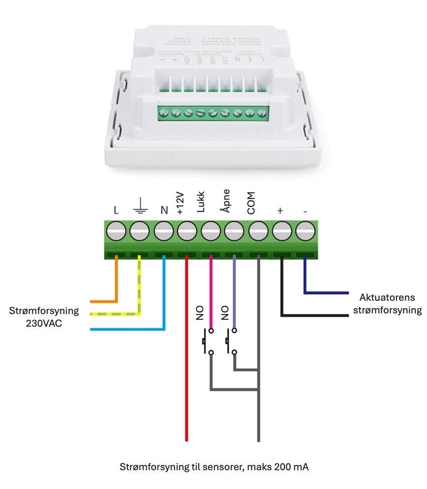 Tilkobling og styring av 24V DC aktuator eller motor