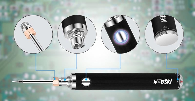 Tr&aring;dl&oslash;s loddebolt Webski FlatPro 2 med utskiftbar spiss, gjengefeste, LED-indikator og USB-C lading &ndash; kompakt verkt&oslash;y for presis elektronikkreparasjon.
