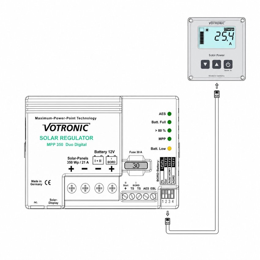 Laderegulatoren Votronic MPP165 kan kobles til og brukes sammen med Votronic LCD-Solar-Computer S.
